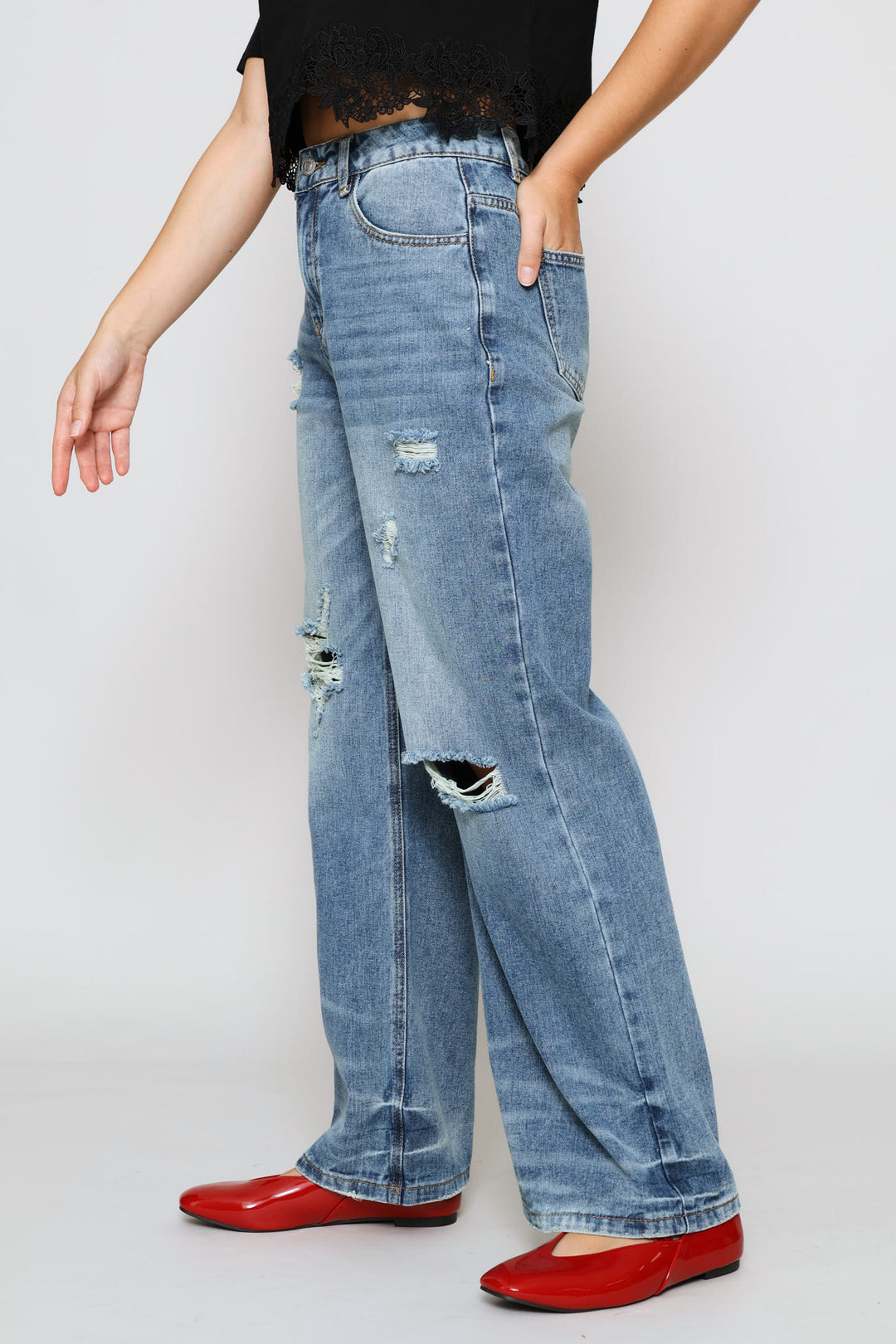 Ripped Wide Leg Denim Jeans - Blue
