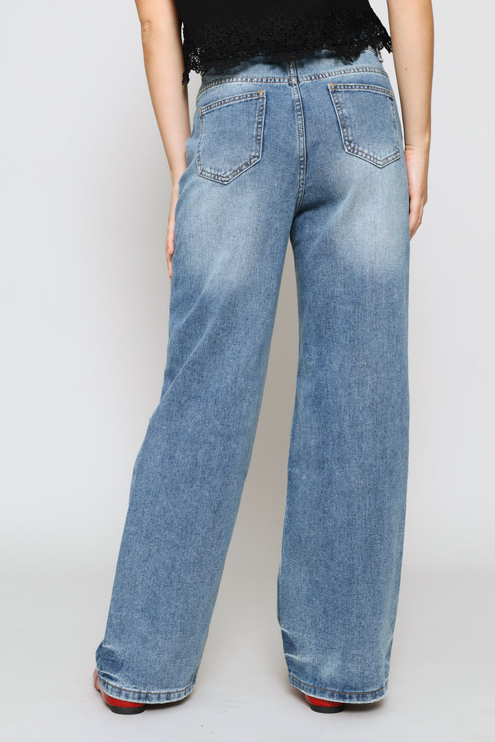 Ripped Wide Leg Denim Jeans - Blue
