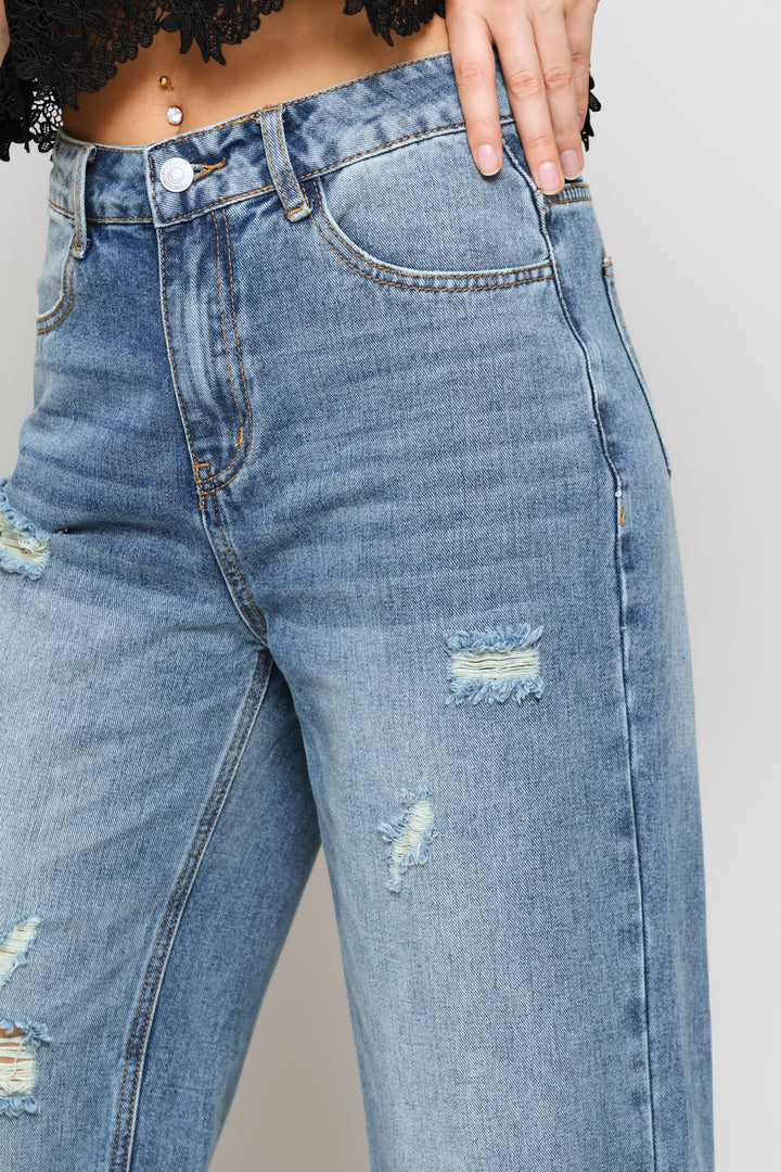 Ripped Wide Leg Denim Jeans - Blue