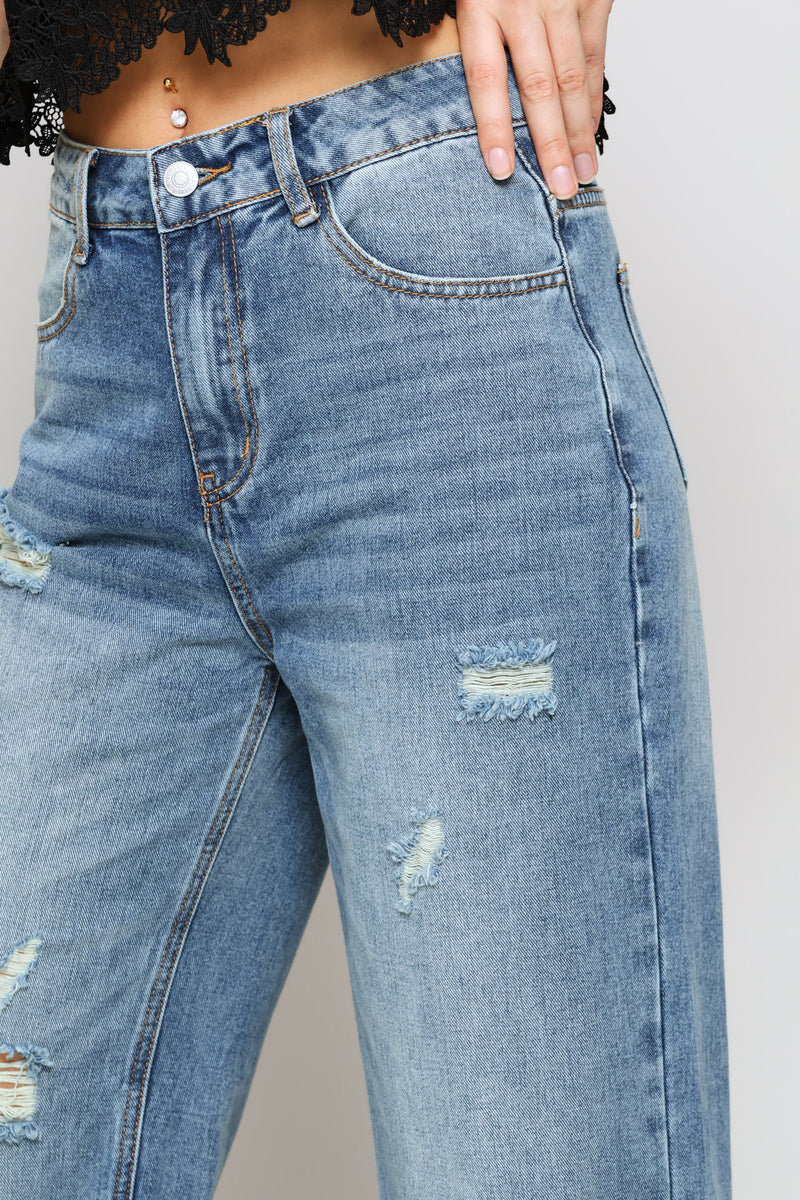 Ripped Wide Leg Denim Jeans - Blue