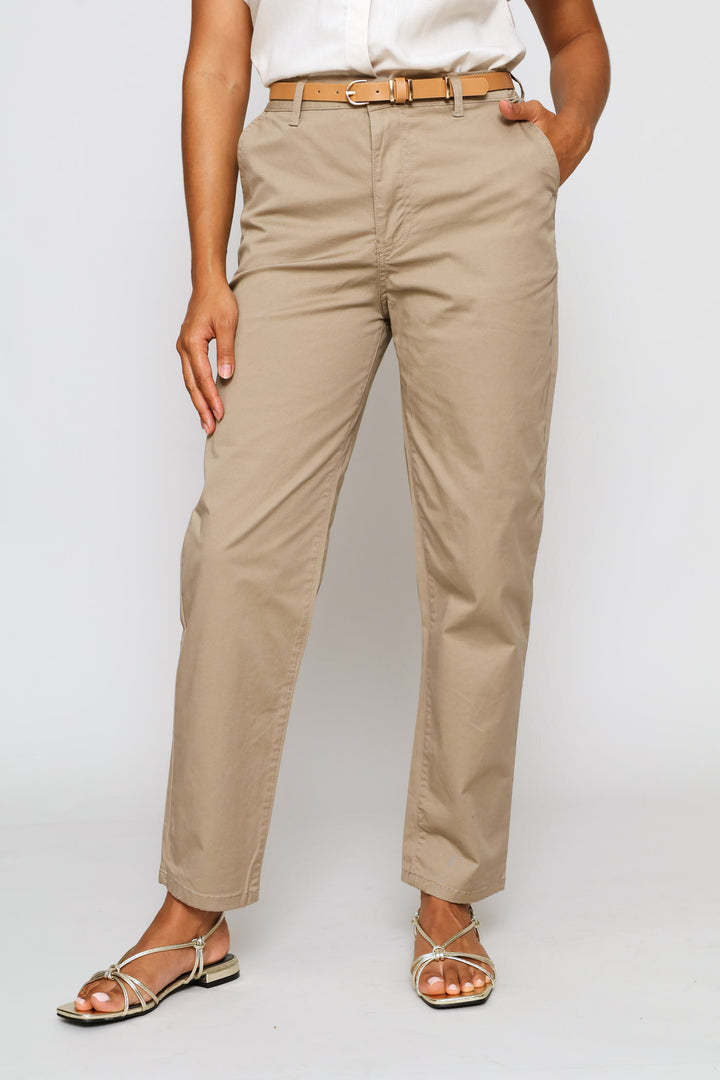Belted Sateen Chino Straight Leg Pants - Mocha