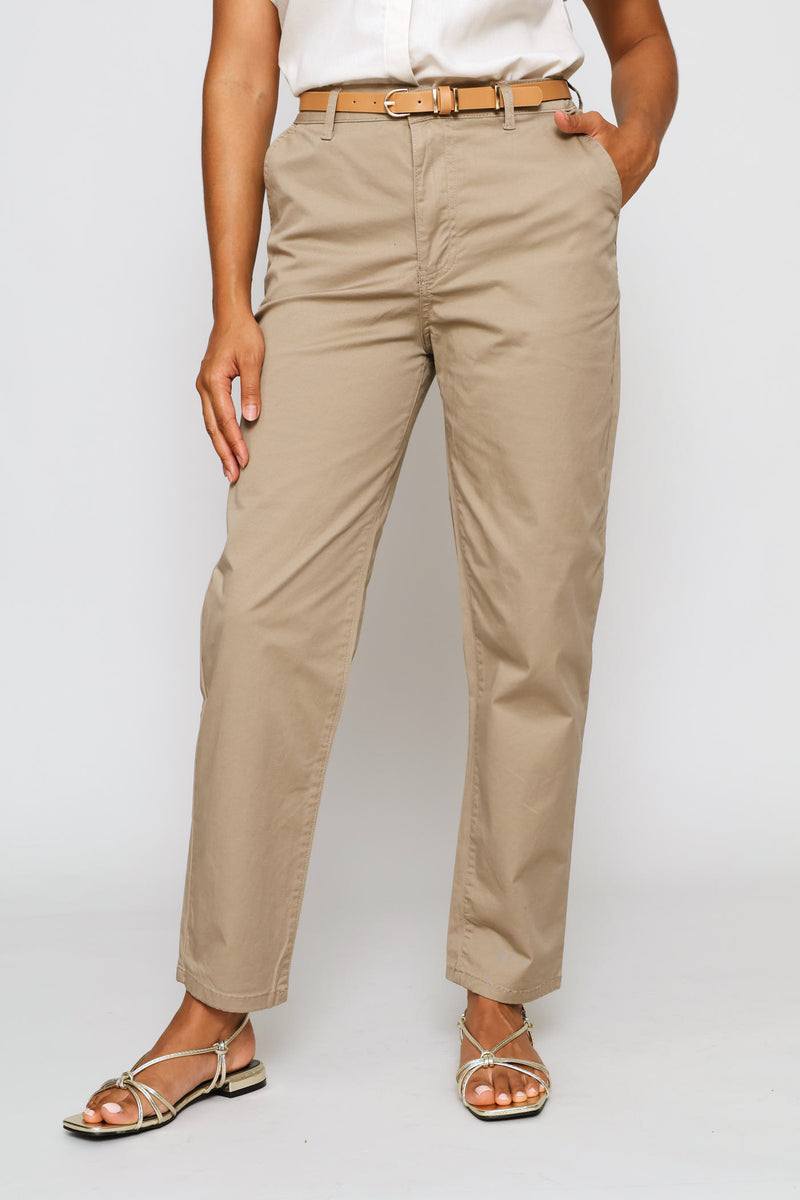 Belted Sateen Chino Straight Leg Pants - Mocha
