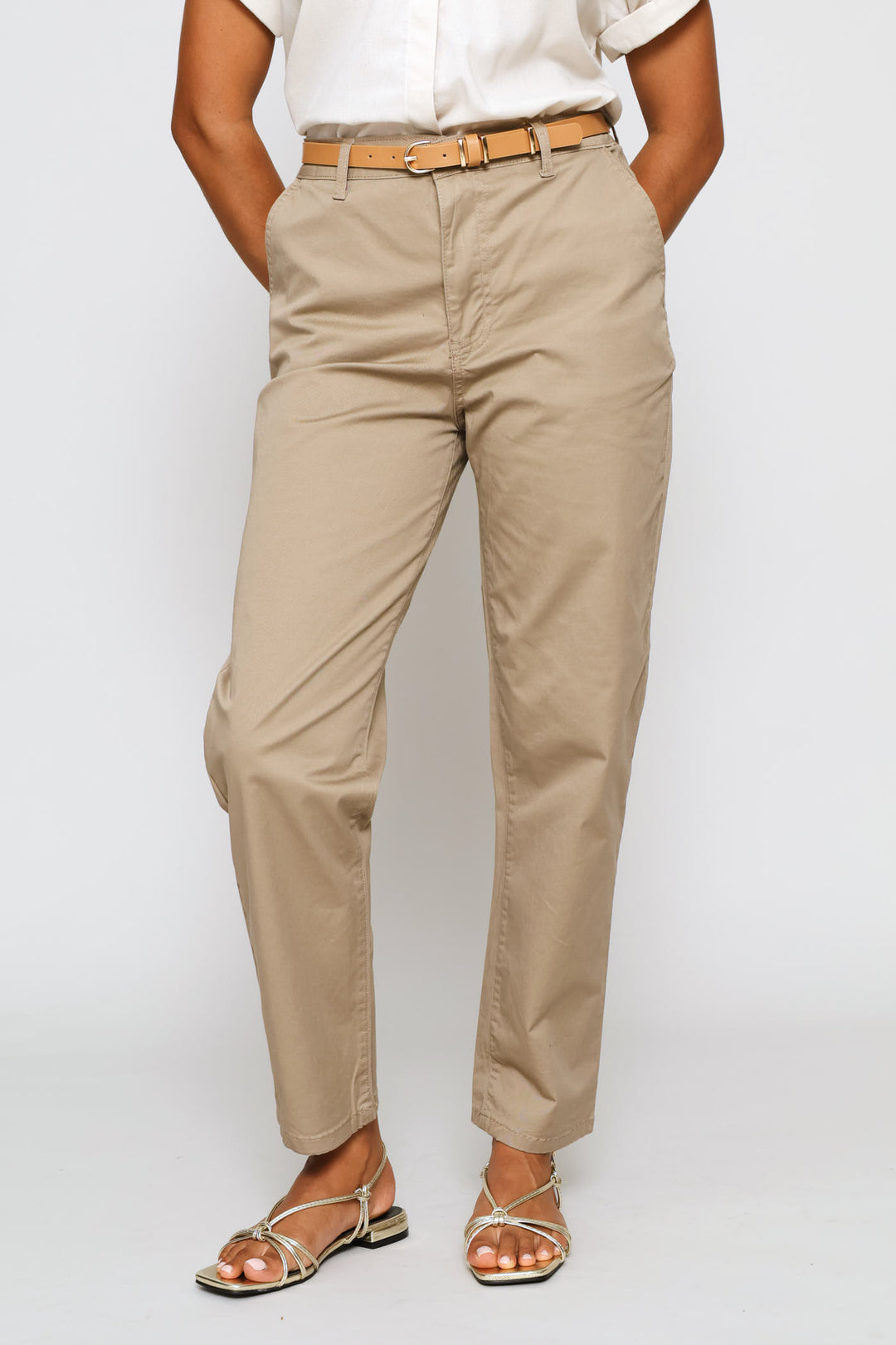 Belted Sateen Chino Straight Leg Pants - Mocha