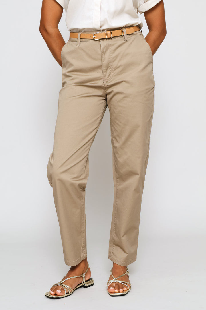 Belted Sateen Chino Straight Leg Pants - Mocha