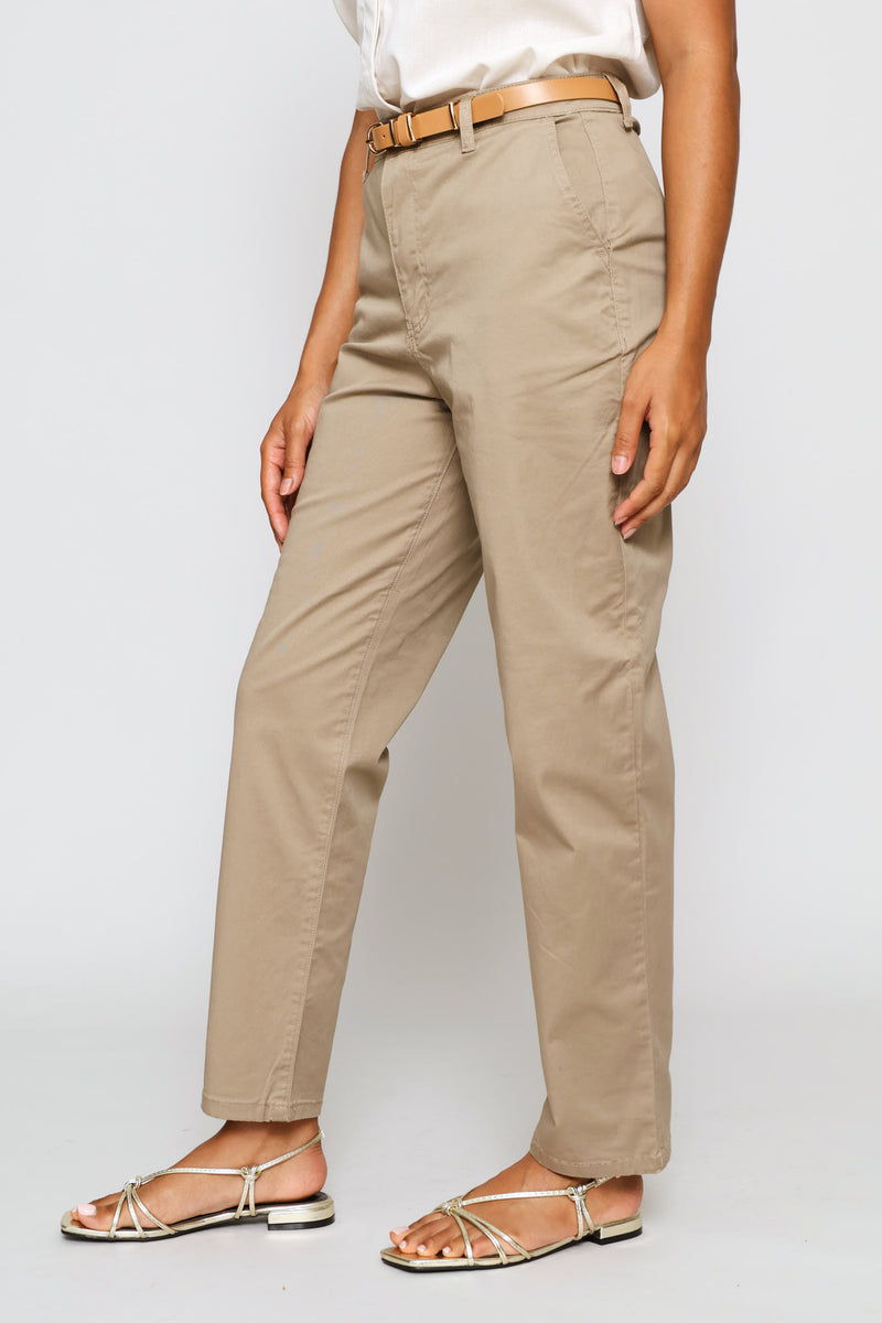 Belted Sateen Chino Straight Leg Pants - Mocha
