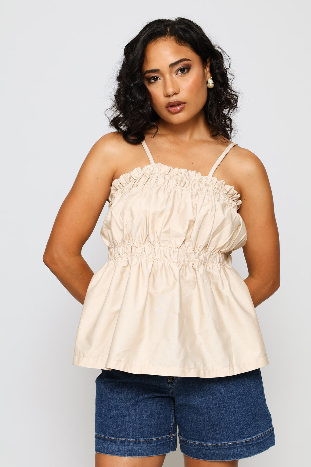 Strappy Elasticated Peplum Cami - Latte