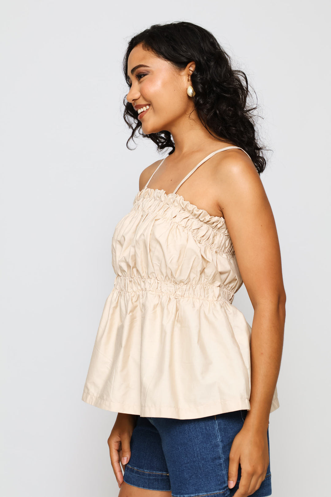 Strappy Elasticated Peplum Cami - Latte