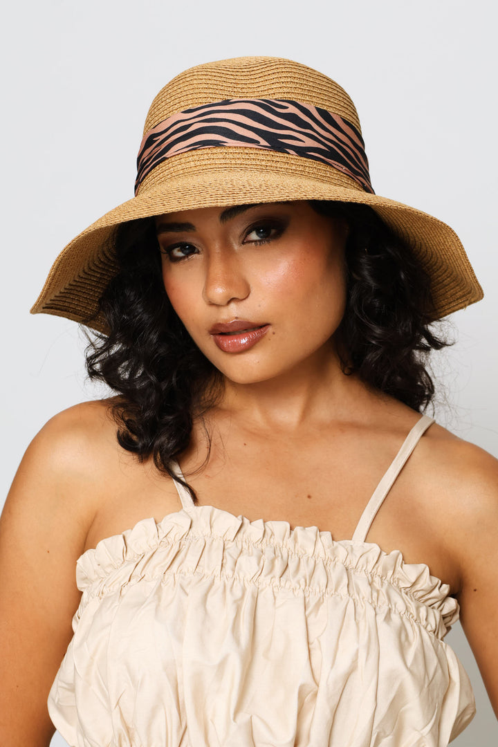 Zebra Ribbon Turn Down Sunhat - Tan