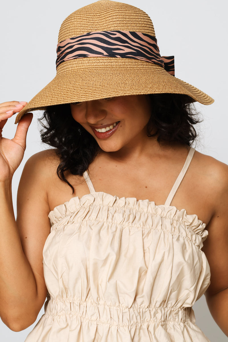 Zebra Ribbon Turn Down Sunhat - Tan