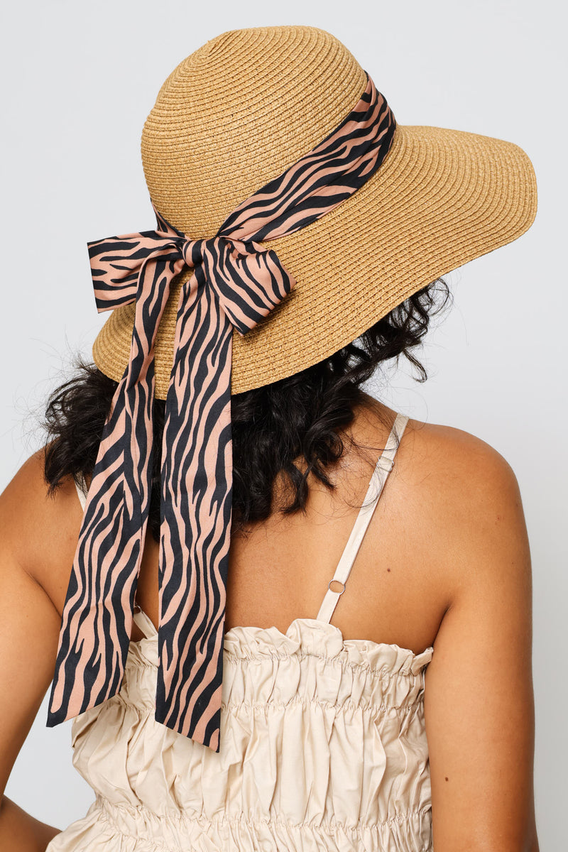 Zebra Ribbon Turn Down Sunhat - Tan