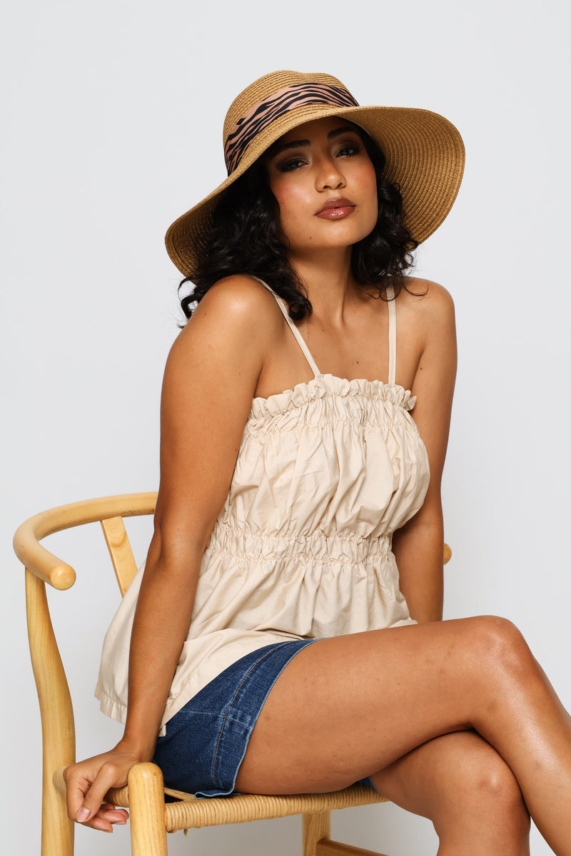 Zebra Ribbon Turn Down Sunhat - Tan