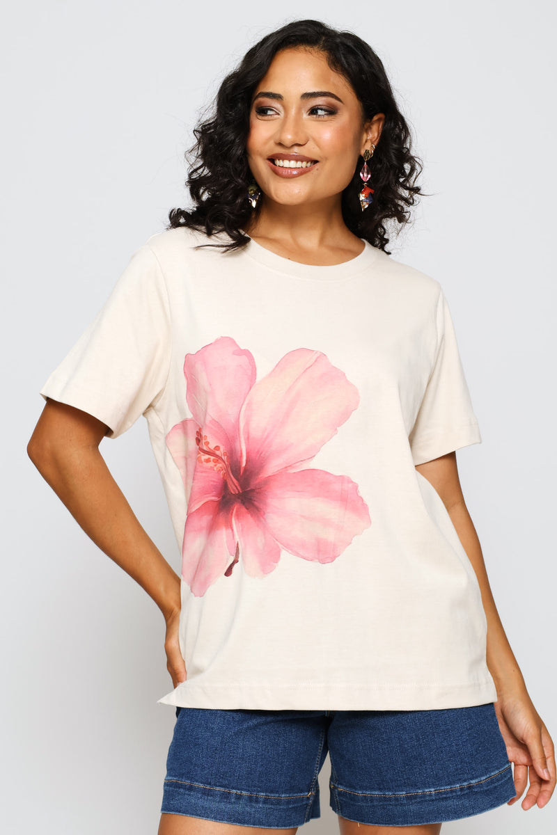 Printed Boxy Tee - Light Stone