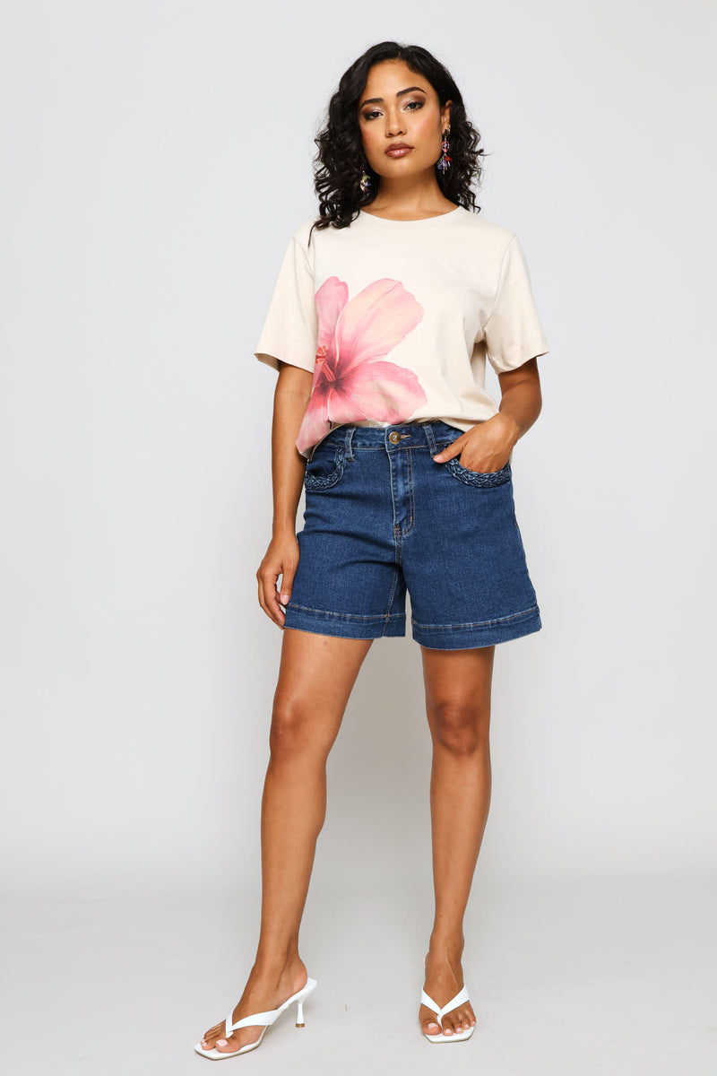 Printed Boxy Tee - Light Stone