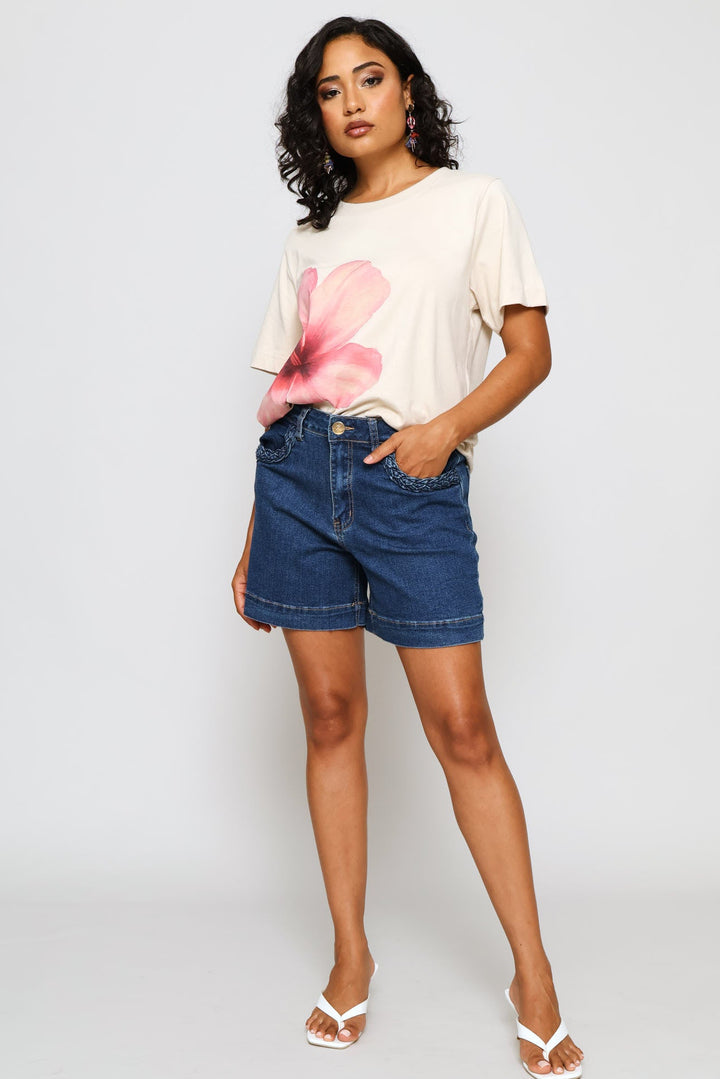 Braided Pocket Detail Mid Thigh Short - Dark Wash
