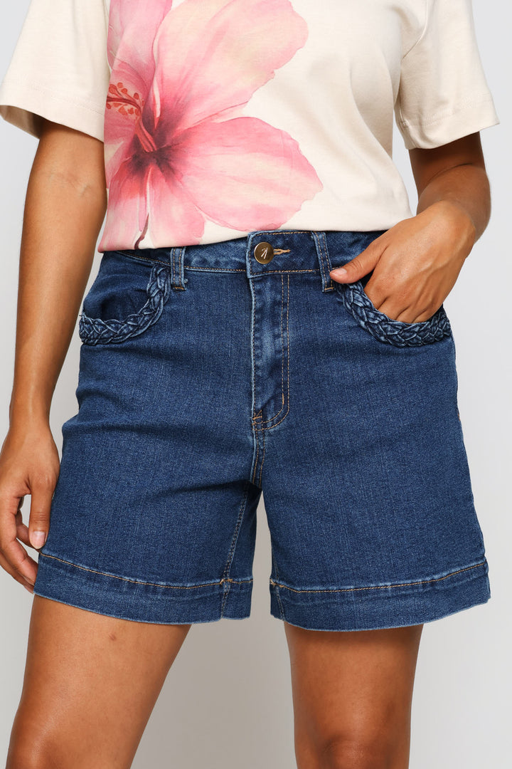 Braided Pocket Detail Mid Thigh Short - Dark Wash