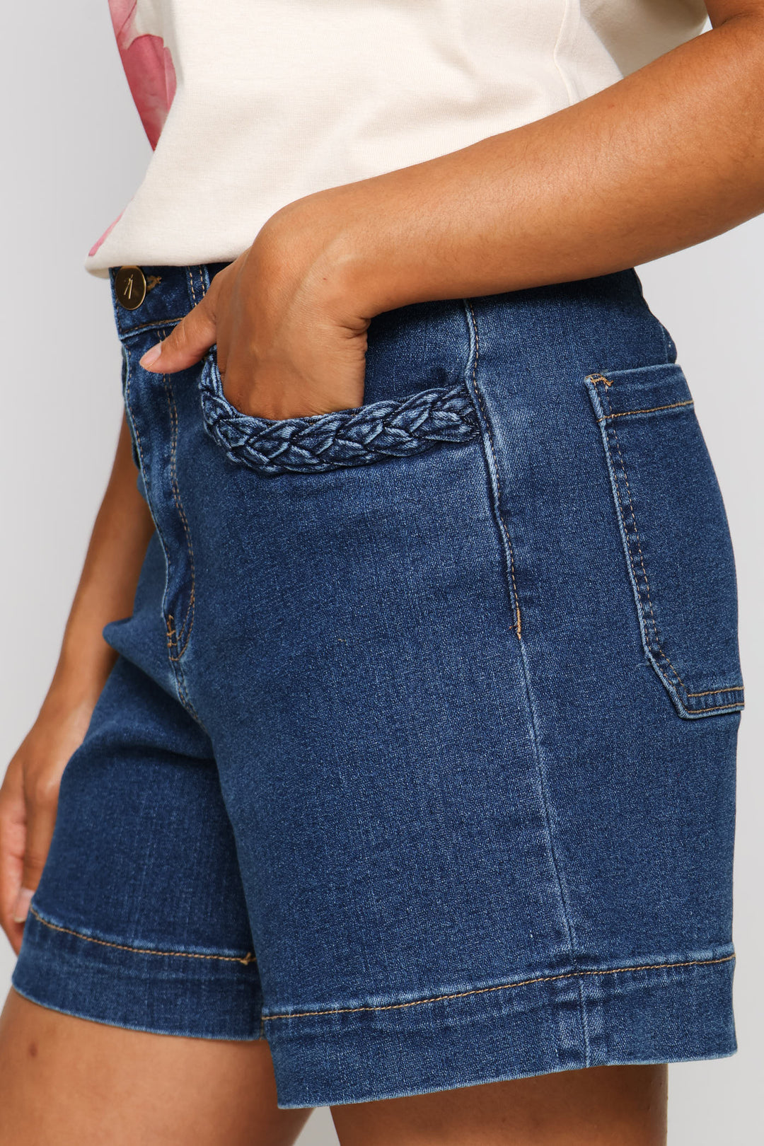 Braided Pocket Detail Mid Thigh Short - Dark Wash