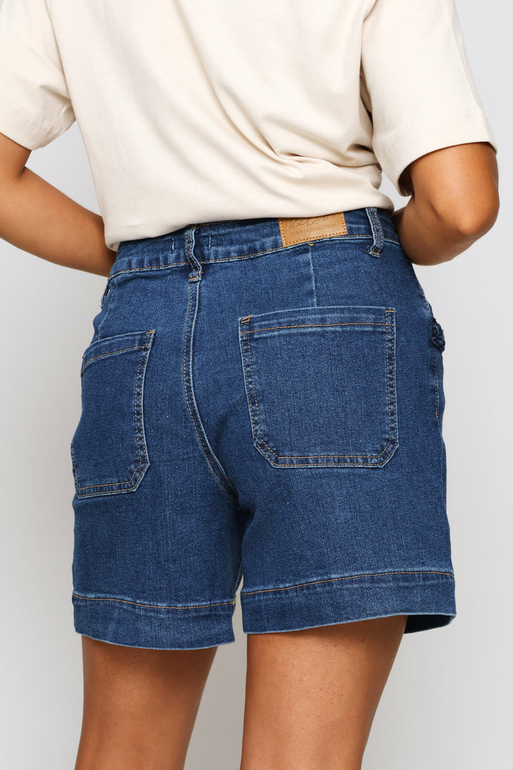Braided Pocket Detail Mid Thigh Short - Dark Wash