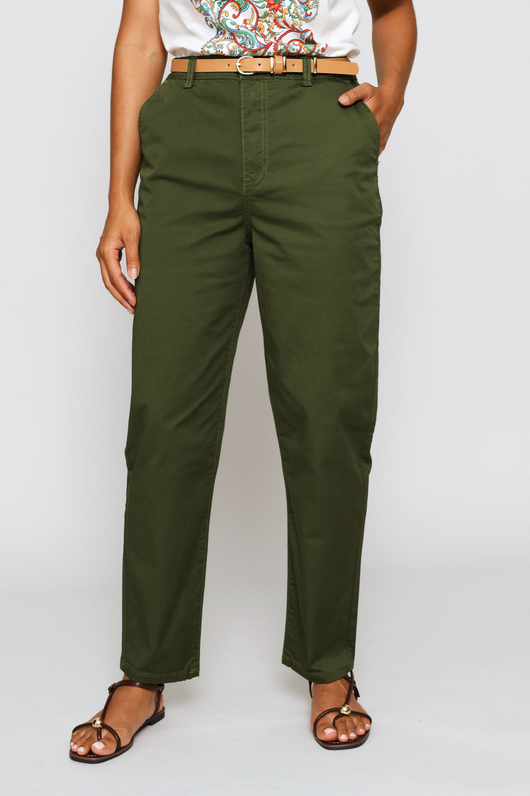 Belted Sateen Chino Straight Leg Pants - Dark Fatigue