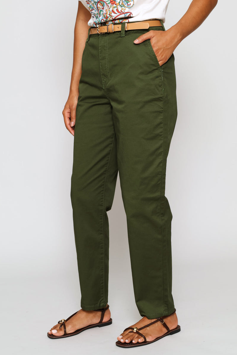 Belted Sateen Chino Straight Leg Pants - Dark Fatigue