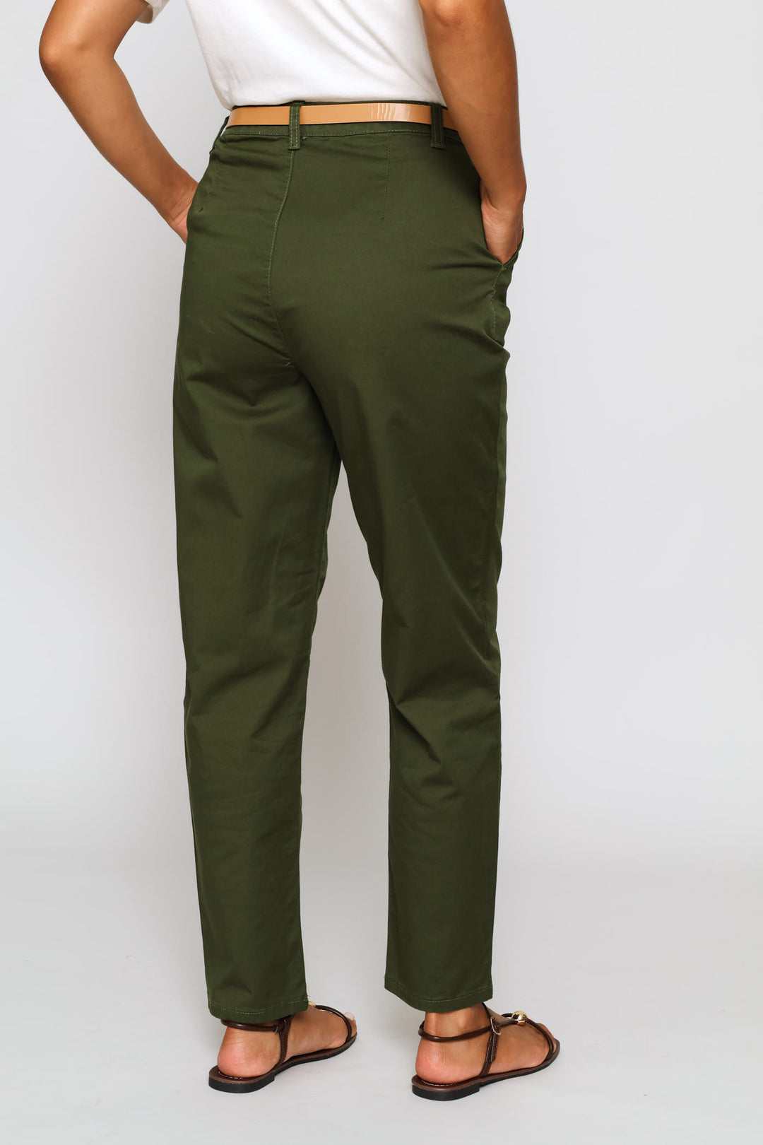 Belted Sateen Chino Straight Leg Pants - Dark Fatigue