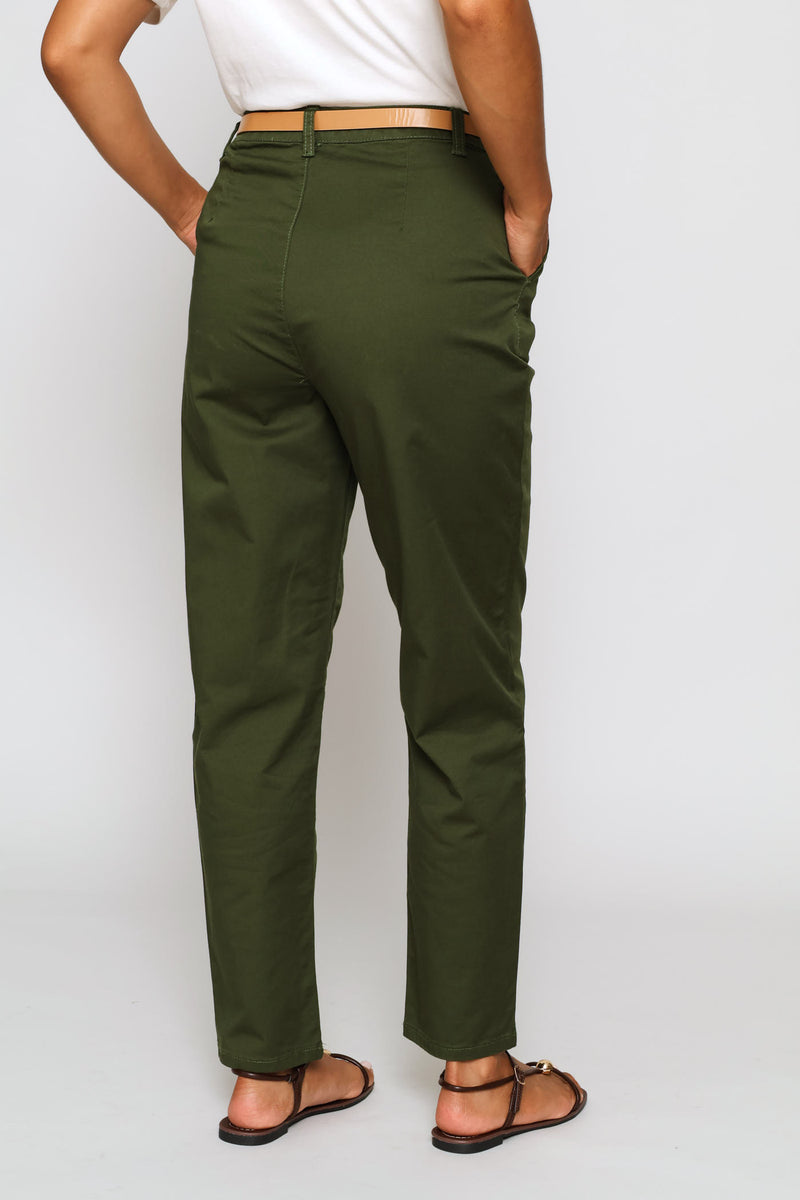 Belted Sateen Chino Straight Leg Pants - Dark Fatigue