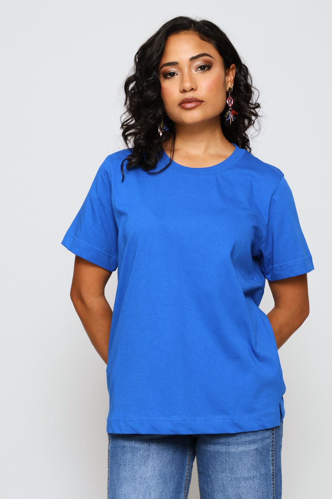 Rib Neck Cotton Boxy Tee - Bright Blue