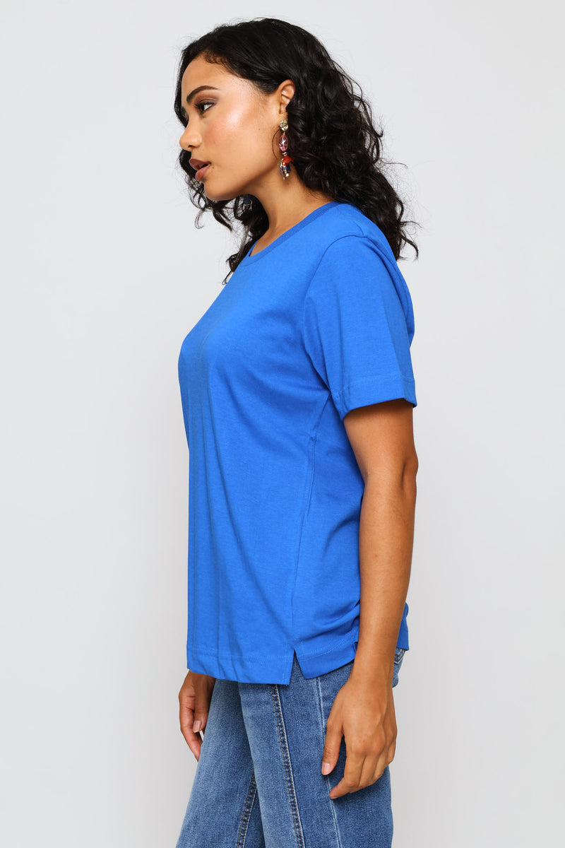 Rib Neck Cotton Boxy Tee - Bright Blue