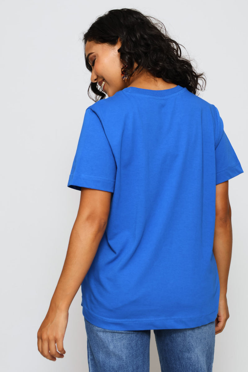 Rib Neck Cotton Boxy Tee - Bright Blue