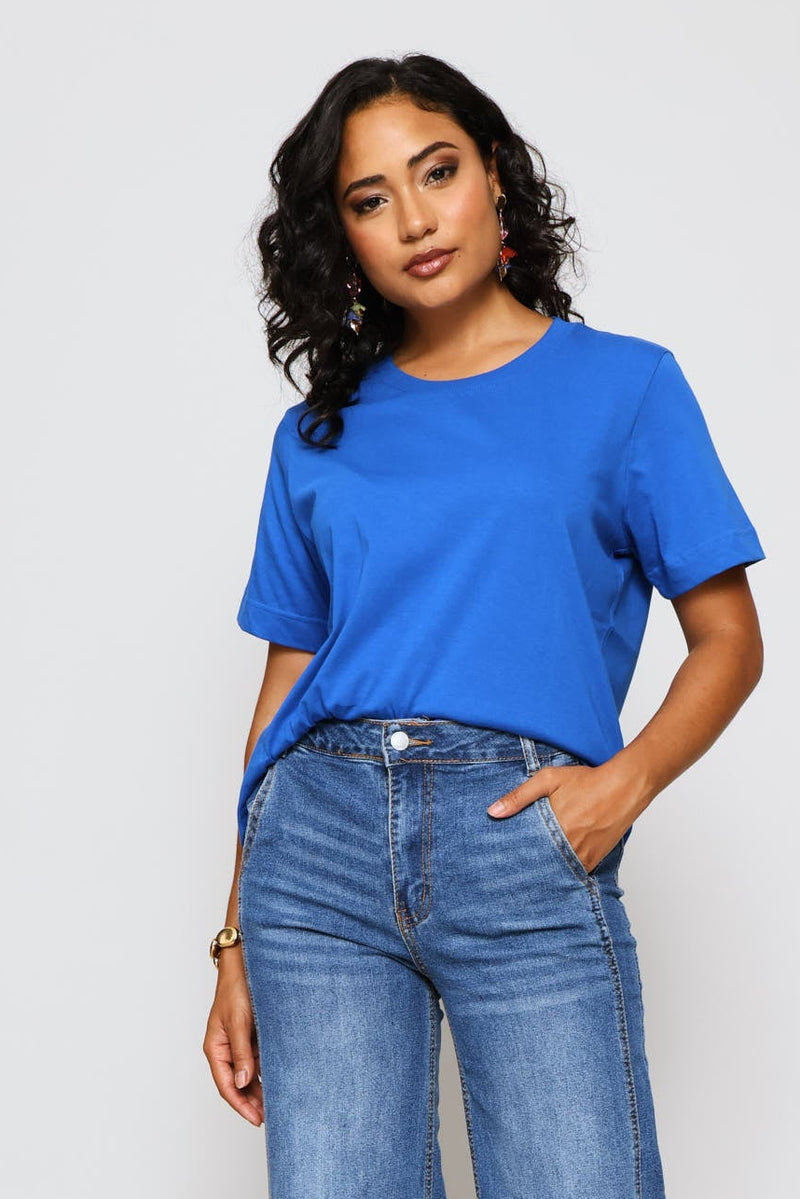 Rib Neck Cotton Boxy Tee - Bright Blue