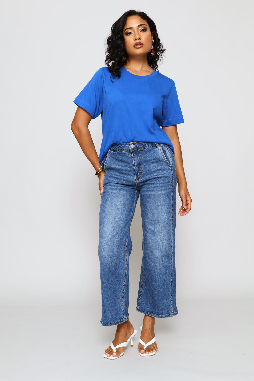 Rib Neck Cotton Boxy Tee - Bright Blue