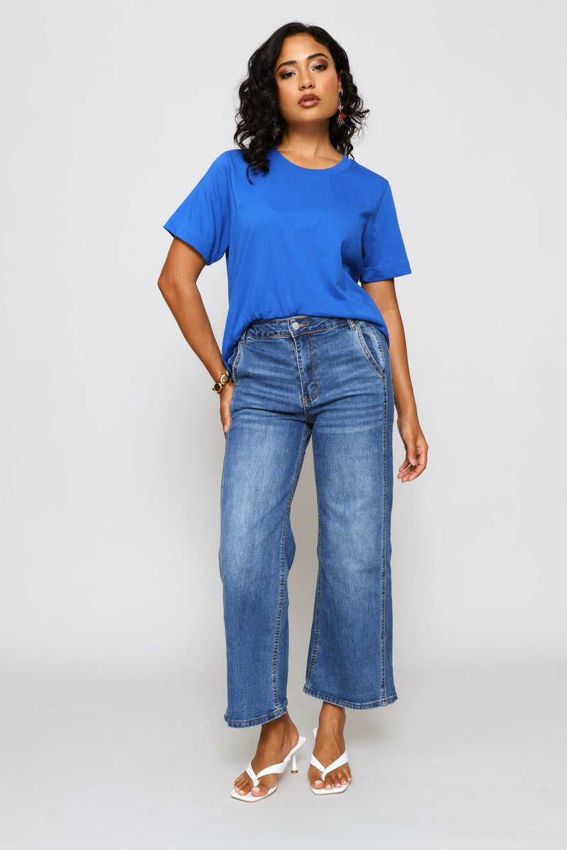 Rib Neck Cotton Boxy Tee - Bright Blue