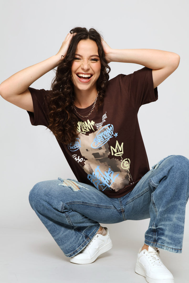 Pixel Teddy Oversized Tee - Chocolate