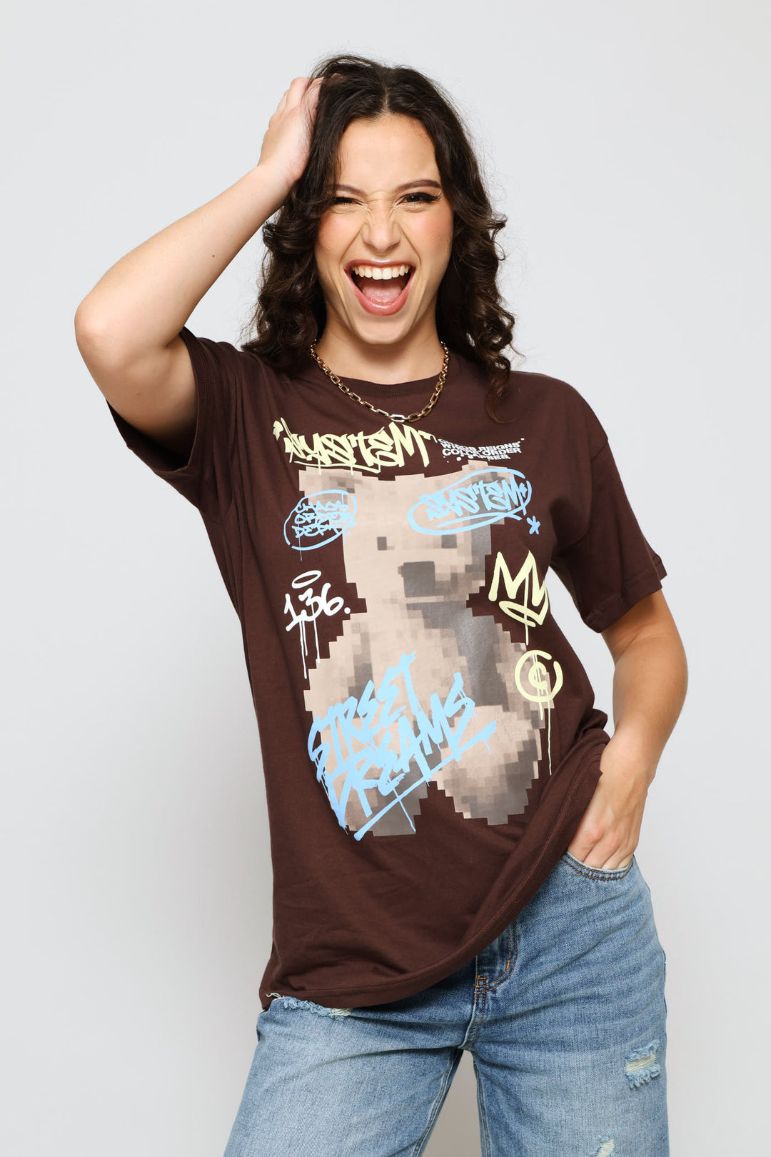 Pixel Teddy Oversized Tee - Chocolate