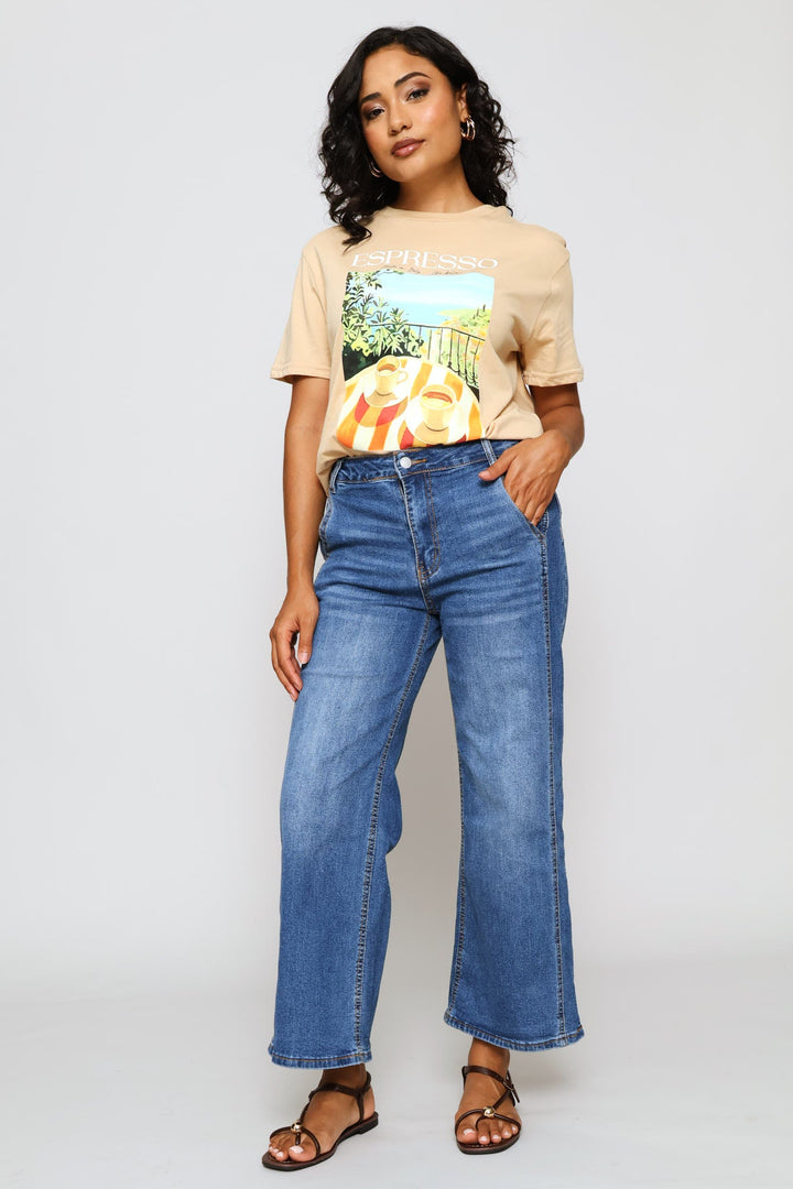 Hi-Rise Panelled Detail Wide Leg Culotte Jean - Stonewash
