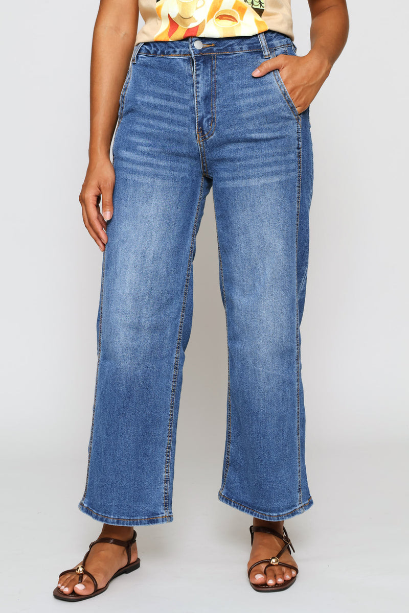 Hi-Rise Panelled Detail Wide Leg Culotte Jean - Stonewash