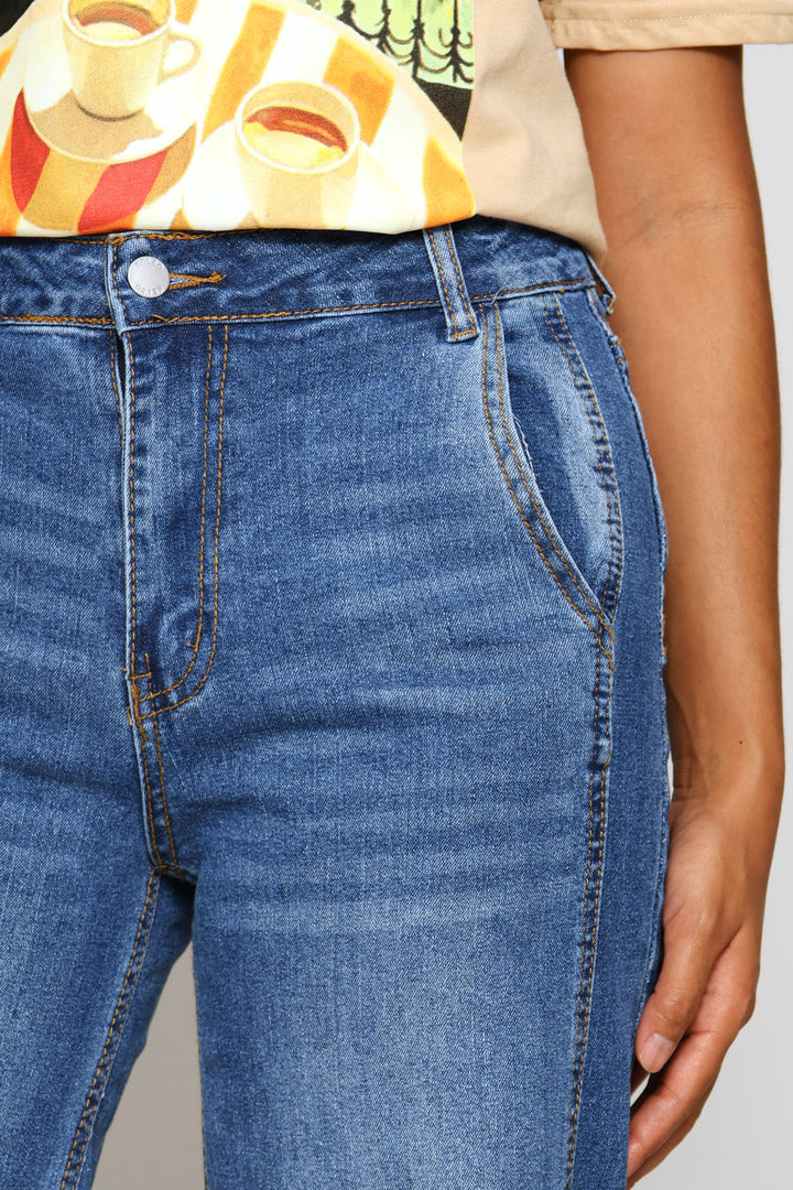 Hi-Rise Panelled Detail Wide Leg Culotte Jean - Stonewash