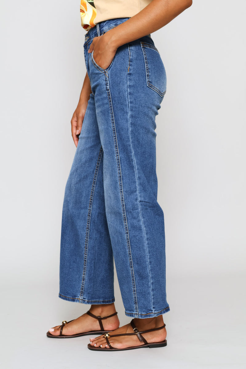 Hi-Rise Panelled Detail Wide Leg Culotte Jean - Stonewash