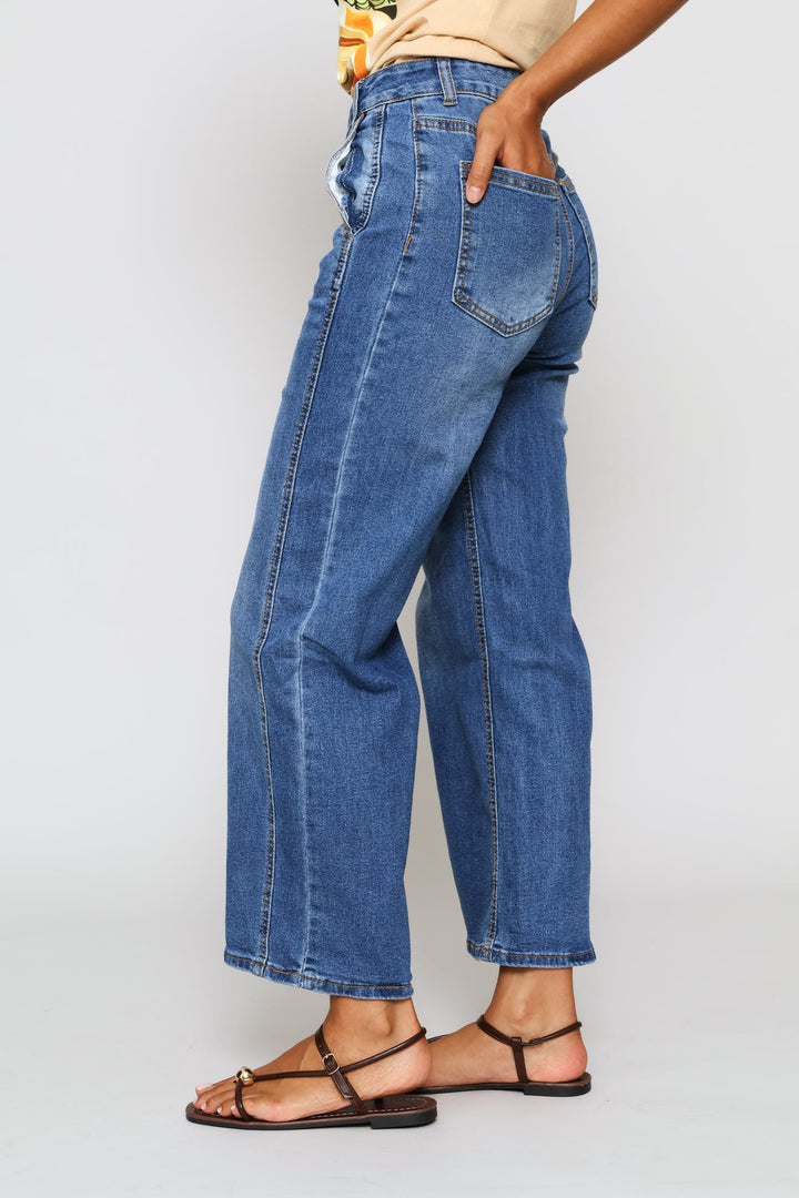 Hi-Rise Panelled Detail Wide Leg Culotte Jean - Stonewash