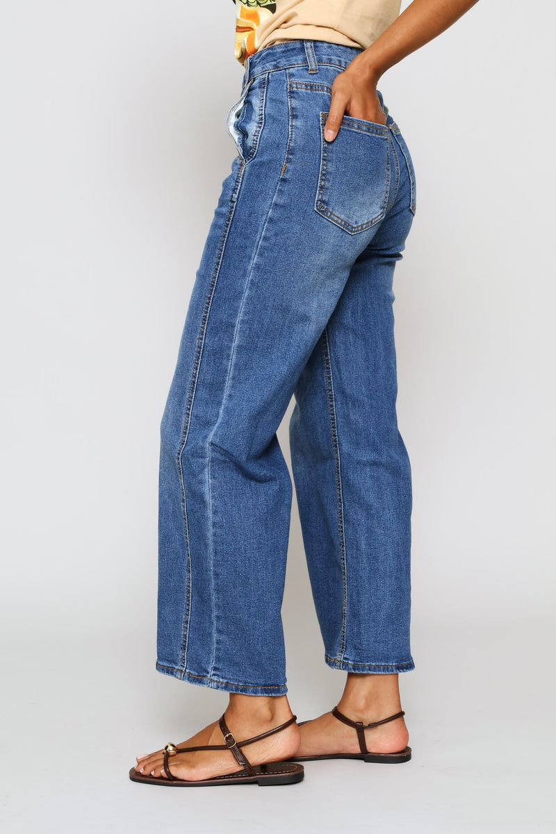 Hi-Rise Panelled Detail Wide Leg Culotte Jean - Stonewash