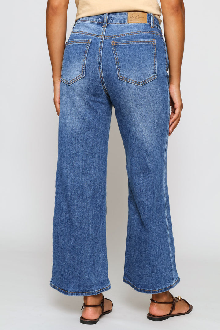 Hi-Rise Panelled Detail Wide Leg Culotte Jean - Stonewash