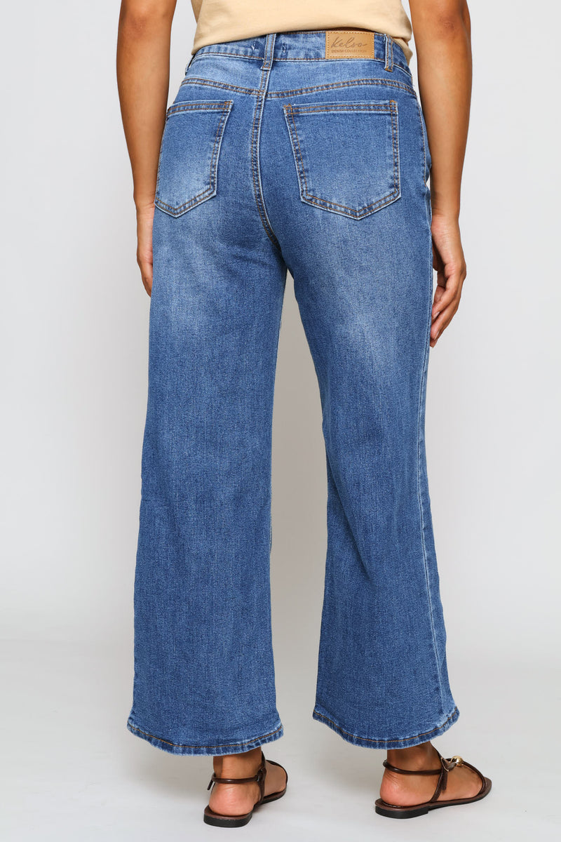 Hi-Rise Panelled Detail Wide Leg Culotte Jean - Stonewash