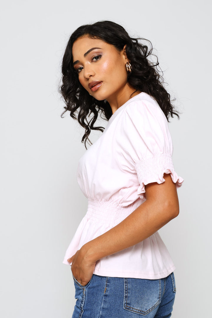 Shirred Waist Tee - Light Pink