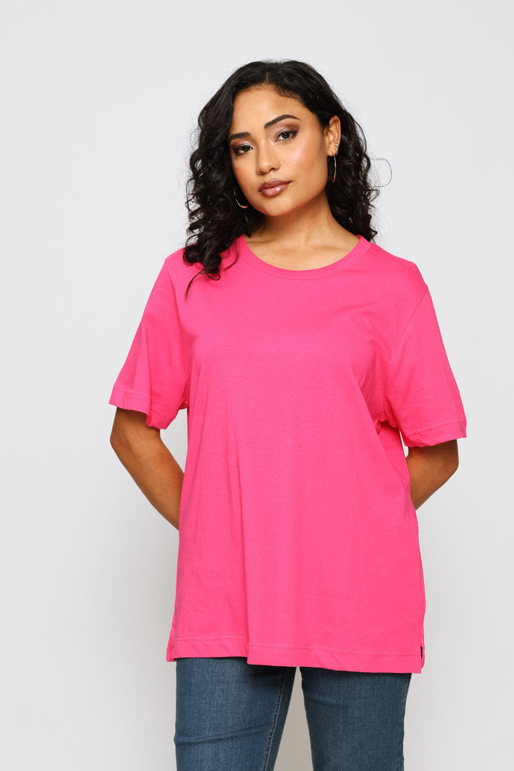 Short Sleeve Rib Neck Boxy Tee - Bright Pink