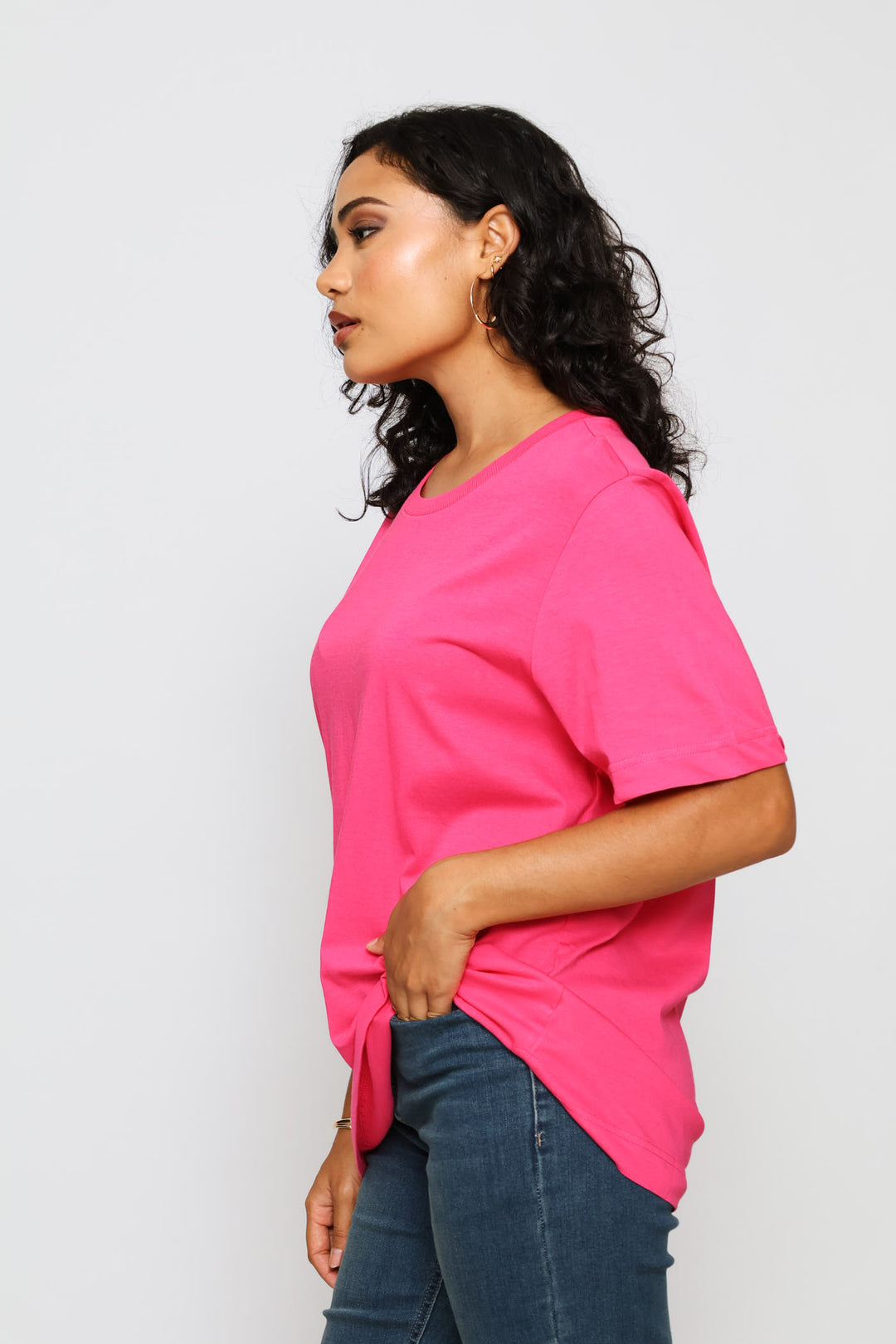 Short Sleeve Rib Neck Boxy Tee - Bright Pink