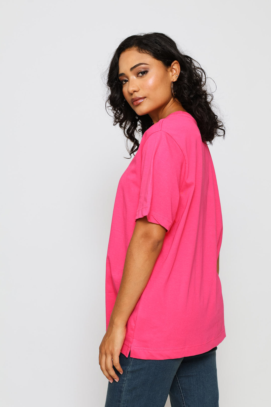 Short Sleeve Rib Neck Boxy Tee - Bright Pink