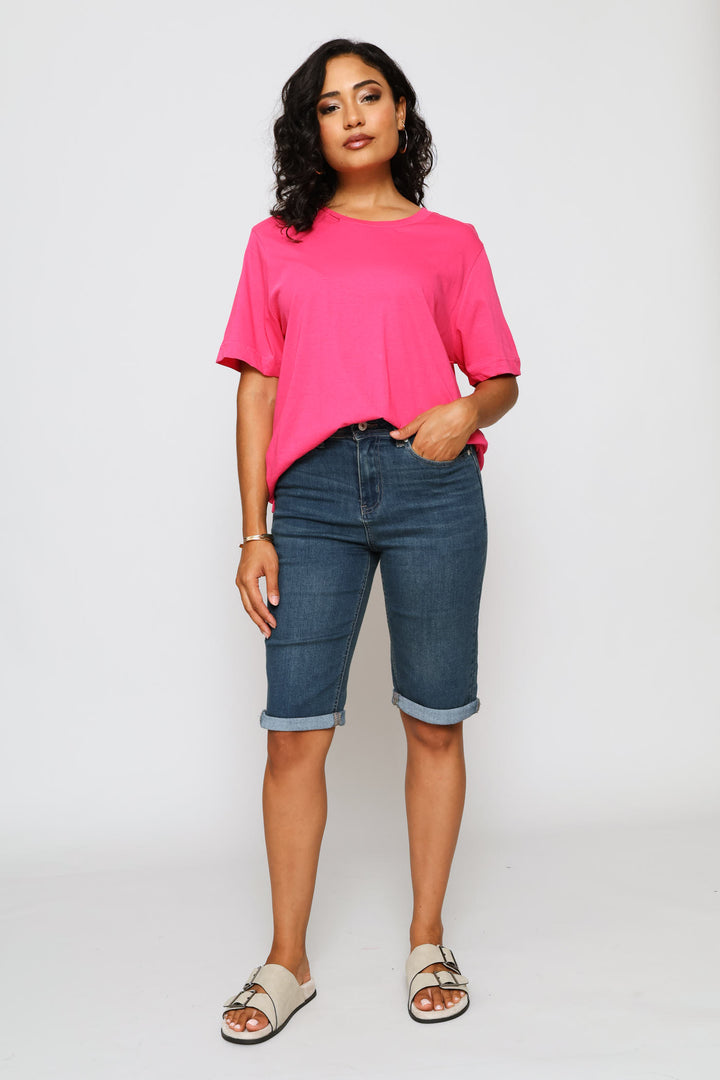 Short Sleeve Rib Neck Boxy Tee - Bright Pink