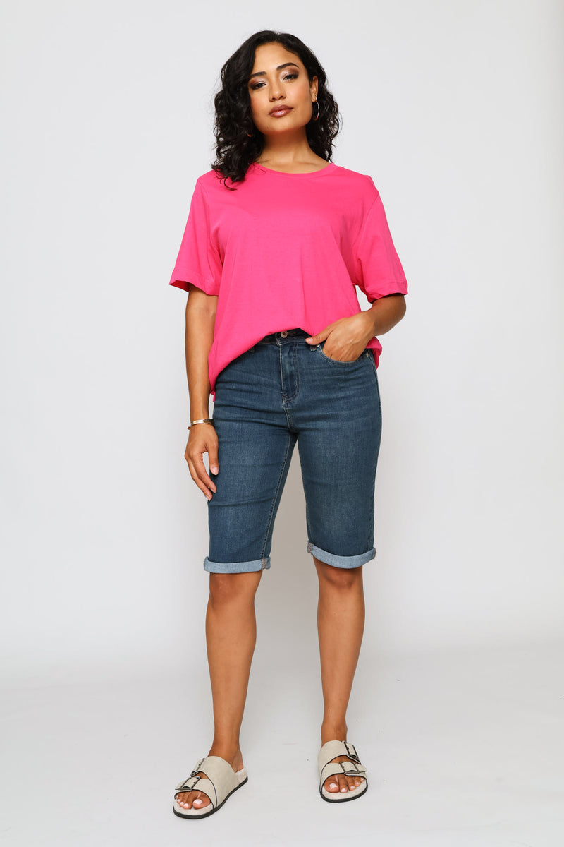 Short Sleeve Rib Neck Boxy Tee - Bright Pink