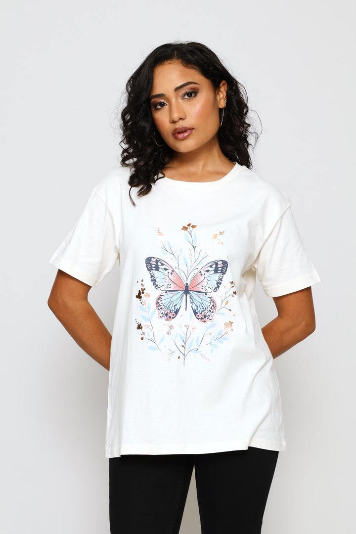 Floral Butterfly Tee - Cream