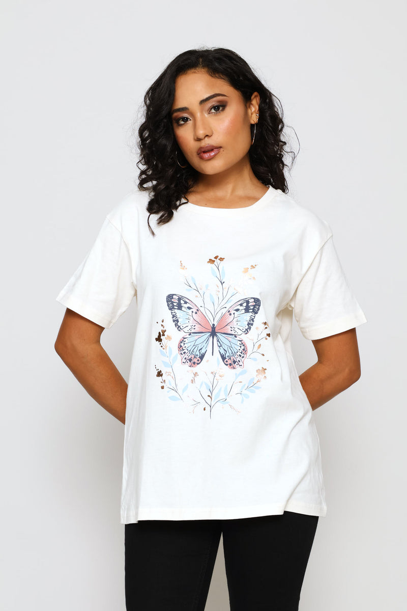 Floral Butterfly Tee - Cream
