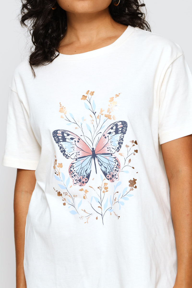 Floral Butterfly Tee - Cream